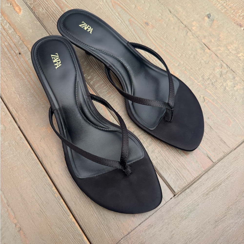 Zara Women's Black Satin Sandals Kitten Heel